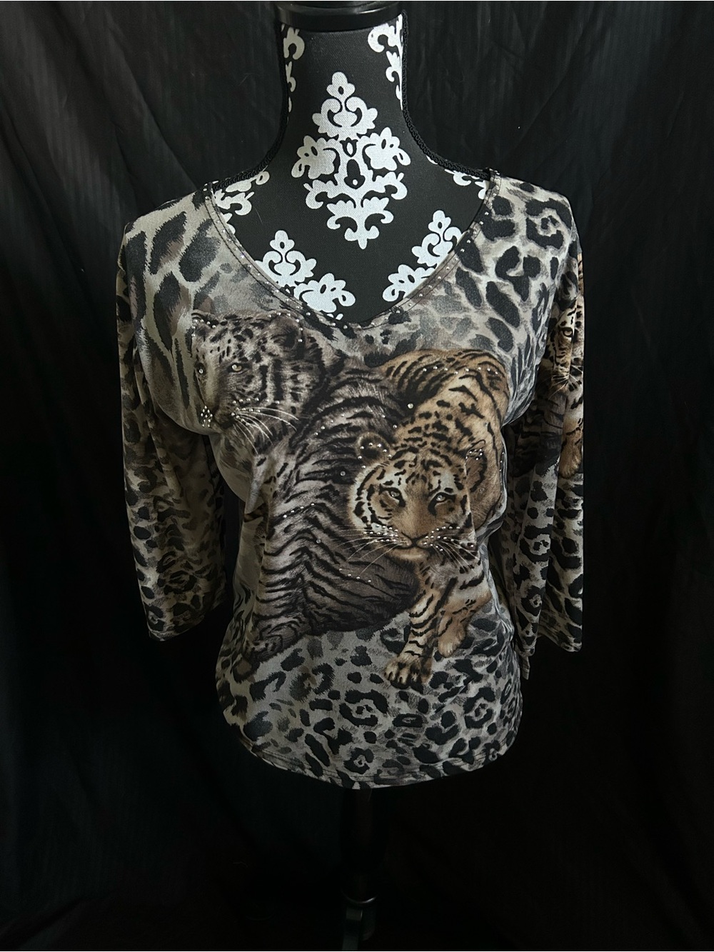 Valentina Long Sleeve V-Neck Animal Print Top - Brown, Black, Gray